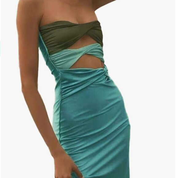 blue/green Satin Strapless Cut Out Midi Dress size small - Picture 3 of 6